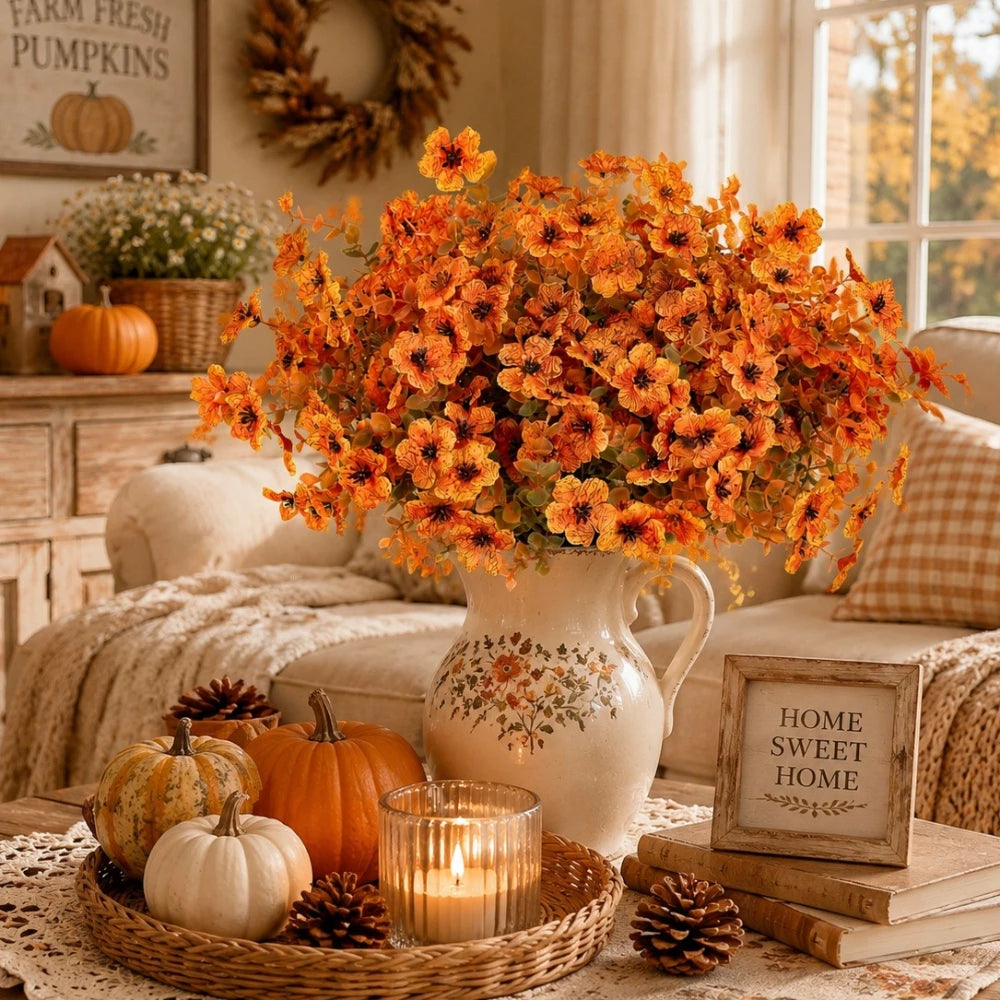 Artificial Fall Orange and Eucalyptus Flowers Bouquet, UV Resistant Fake Flowers