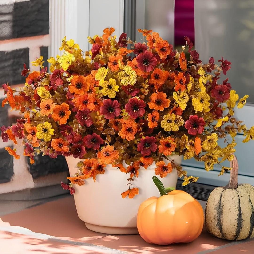 4 Stems Colorful Fall Fake Flowers - UV Resistant Artificial Outdoor Plants for Halloween Porch Decor