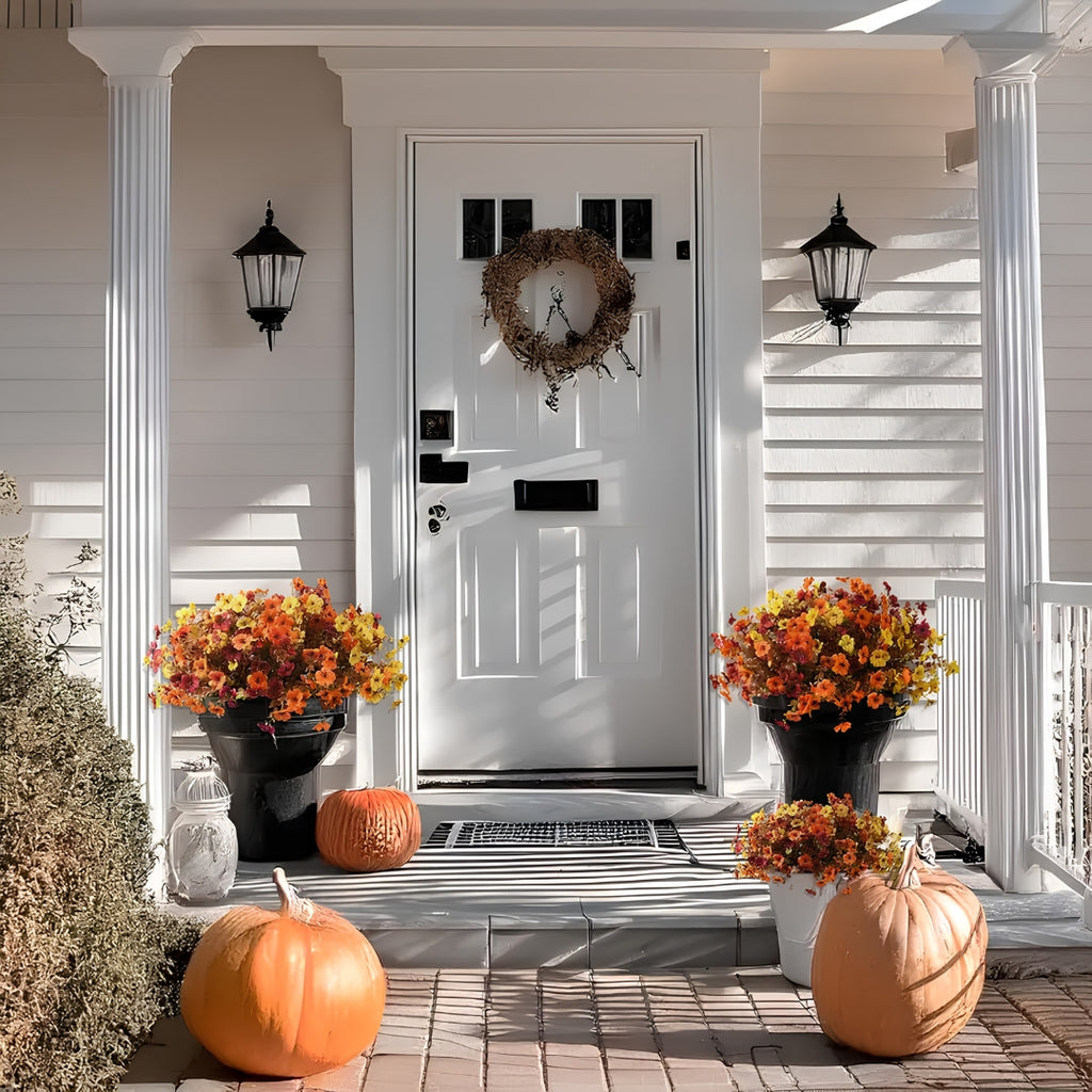 4 Stems Colorful Fall Fake Flowers - UV Resistant Artificial Outdoor Plants for Halloween Porch Decor